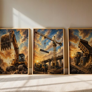 Wandbild-Set zum Thema Baustelle, Kunstdrucke mit Bagger, Muldenkipper und Kran, Kinderzimmerdeko zum Thema Baustelle