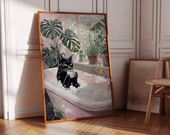Black Cat in Bathtub Print: Retro Bathroom Wall Art (Digital Download)
