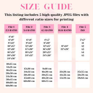 Puede incluir: Una tabla de gu&iacute;a de tallas con encabezados y texto en rosa. La tabla enumera cinco opciones de archivos JPEG con diferentes proporciones para imprimir, incluidos tama&ntilde;os en pulgadas y cent&iacute;metros. El texto incluye "SIZE GUIDE" en la parte superior.