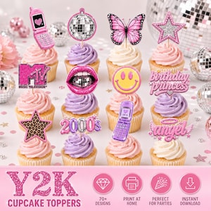 May include: A set of Y2K themed cupcake toppers featuring pink flip phones, disco balls, butterflies, stars, lips, smiley faces, and text including MTV, 2000s, birthday princess, and angel. These decorative paper cutouts are designed for party use.