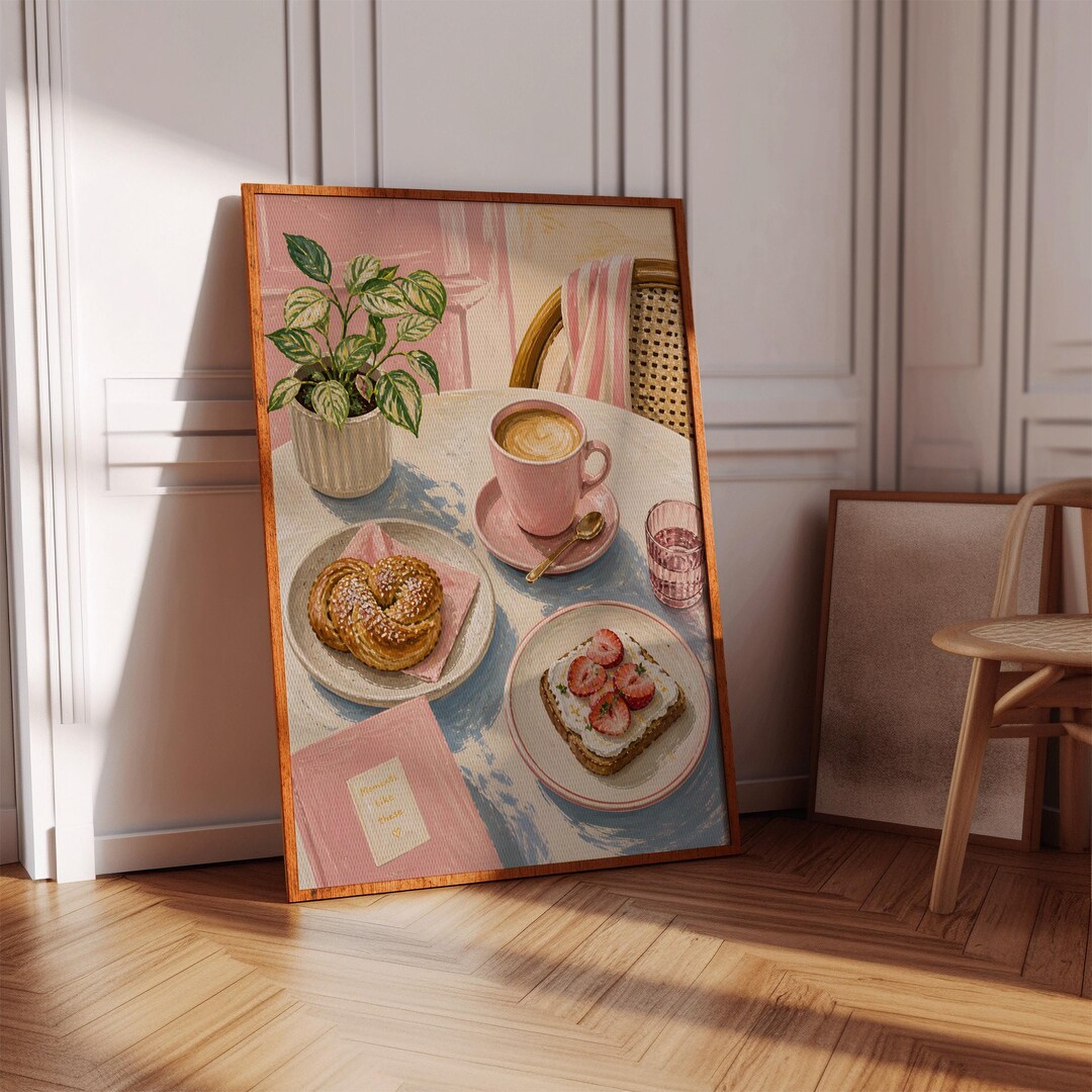Pink Breakfast Wall Art, Cozy Morning Coffee Print, Soft Girl Room ...