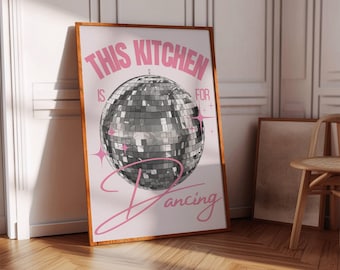 Impresión "Esta cocina es para bailar" / Arte de pared con cita de cocina / Bola de discoteca / Póster retro
