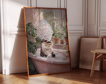 Otter in Bathtub Print: Retro Bathroom Wall Art (Digital Download)