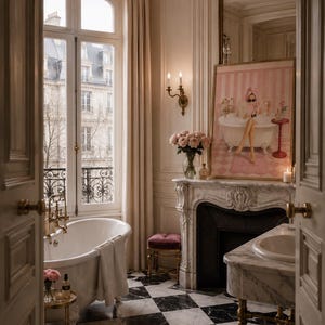 May include: A bathroom interior featuring a white clawfoot bathtub, a marble fireplace mantel, and a black and white checkered floor. A framed print of a person in a bathtub sits on the mantel, alongside a vase of pink roses and a candle.