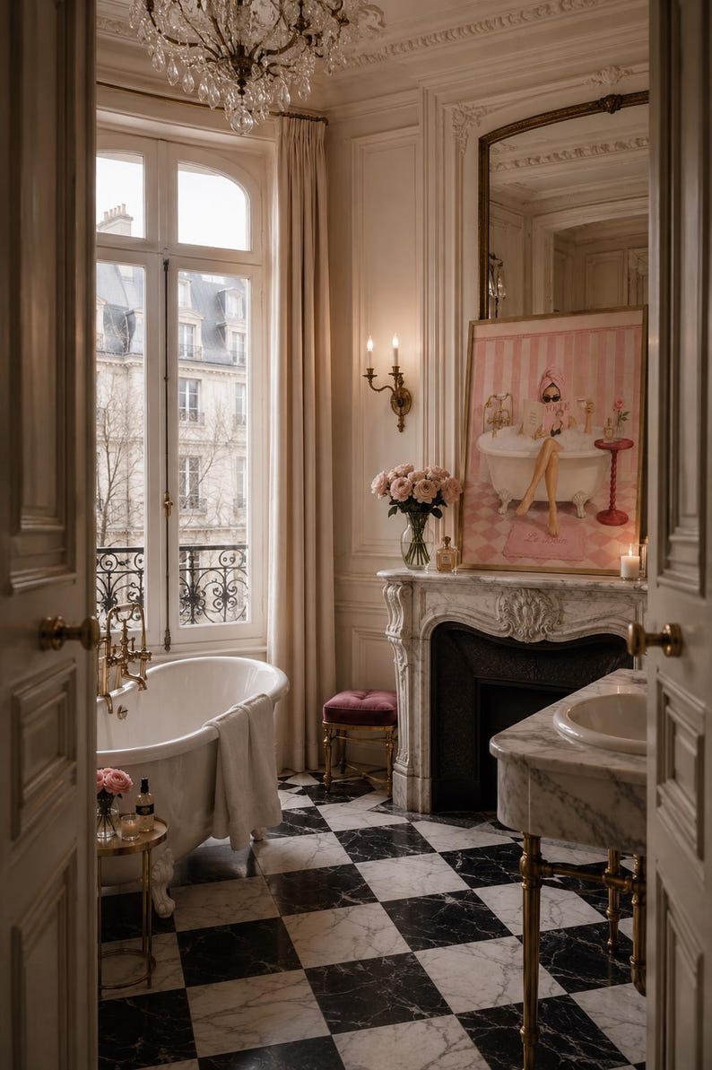 May include: A bathroom interior featuring a white clawfoot bathtub, a marble fireplace mantel, and a black and white checkered floor. A framed print of a person in a bathtub sits on the mantel, alongside a vase of pink roses and a candle.