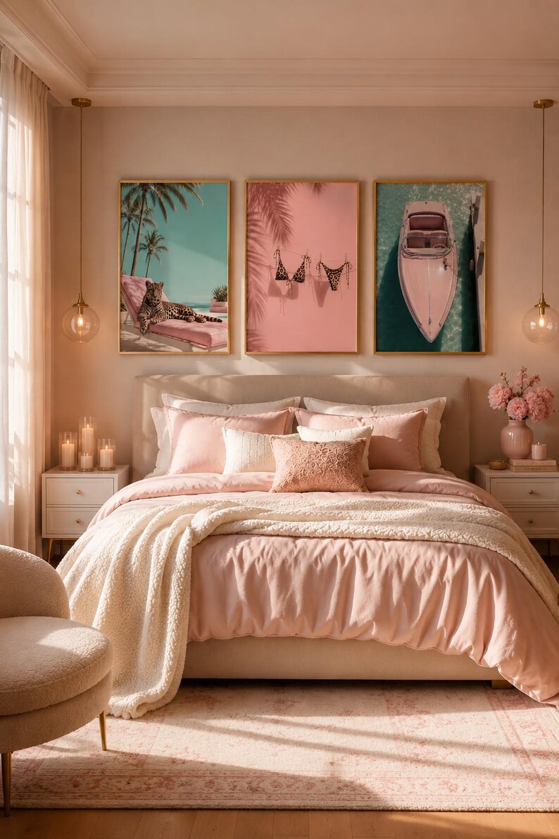 Pink Coastal Leopard Wall Art Set of 3 | Girly Beach Prints | Tropical Gallery Wall image 6