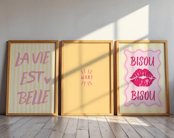 Yellow and Pink Wall Art Set of 3 | Positive Quote Prints (Instant Download)
