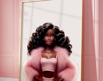 Black Girl Wall Art, Retro Fashion Doll Poster, Pink Room Decor, Digital Download Print