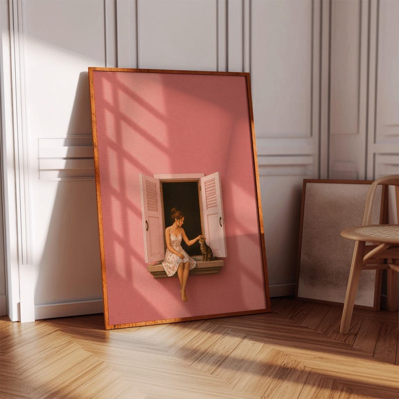 Pink Cat in the Window Poster | Cozy Bedroom Decor | Whimsical Woman ...