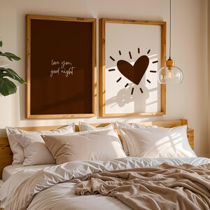 Brown Heart Wall Art Set of 2 | Bedroom Quote Prints | Minimalist Bedroom Posters