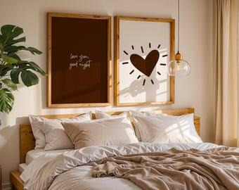 Brown Heart Wall Art Set of 2 | Bedroom Quote Prints | Minimalist Bedroom Posters
