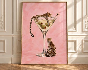 Pink Leopard Martini Wall Art | Girly Dopamine Decor Print