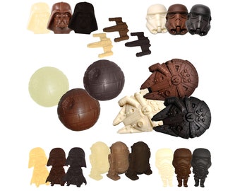 Cioccolato Star Wars, Millennium Falcon, Morte Nera, Darth Vader, R2D2, Stormtrooper, Starfighter. Bianco/Latte/Scuro