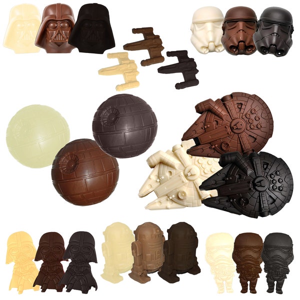 Chocolate Star Wars, Millennium Falcon, Death Star, Darth Vader, R2D2, Stormtrooper, Starfighter. White/Milk/Dark