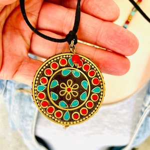 Tibetan Style Pendant Necklace: Turquoise & Coral Inlaid Bead, 30&quot; Faux Suede Cord