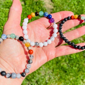Gemstone Chakra Bracelet: Lava Beads, Rutilated Quartz, Pride Jewelry