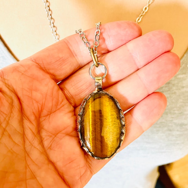 Tigers Eye Pendant Necklace, Handcrafted Nepalese, Tibetan Repousse Silver and Tigers Eye, Tigers Eye Gemstone Pendant Necklace, Tigers Eye