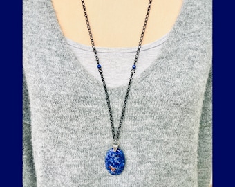 Orange Blue Sodalite Oval Pendant hangs on Mixed Deep Black Chain, Long Necklace, Double Wrap, Ooak, Handmade, Boho,