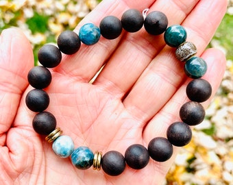 Ebony Black Sandalwood and Apatite Bead Bracelet, Unisex Bracelet, Large Size bracelet, Mens Bracelet, Earthy Bracelet