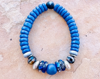 Stylish Blue Bead Bracelet includes, Wood, Czech Glass, Silver, Krobo and Recycled Glass Beads, Casual, OOAK, Unique, Earthy, Boho