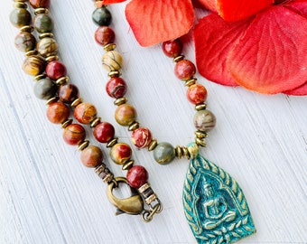 Green Brass Buddha Pendant on strand of Red Creek Jasper, Yoga Jewelry, Yogi, Amulet, Gift for Yoga teacher, Holiday Gift, Holiday Guft
