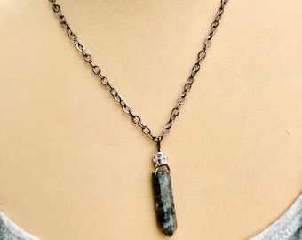 Larvikite Point Pendant Necklace, Black Labradorite Point Pendant Necklace, Boho Chic, Gemstone Jewelry, Handmade, OOAK