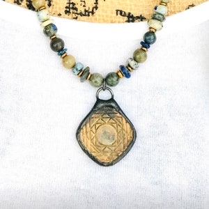 Lapis Bead and Chain Necklace, Rounded Square Soldered Brass Pendant, Lapis Bead Necklace, Brass Flower