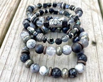 Multi Bead Bracelet With Black Sandalwood, Grey Quartz