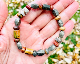 Rustic Red Creek Jasper, Pyrite Bead Bracelet, Earthy Chic, Earthy Style, Boho, Stone Bracelet, Hippie Vibe, Fall colors