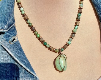 Wire Wrapped Nugget of Green Aventurine on a stand of African Turquoise and Bronzite, Unique Elegance, OOAK, Artisan