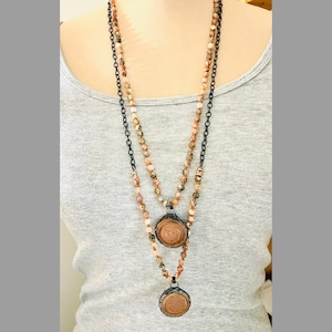 Long Knotted Fire Agate Necklace with Copper Pendant: Boho Chic Jewelry