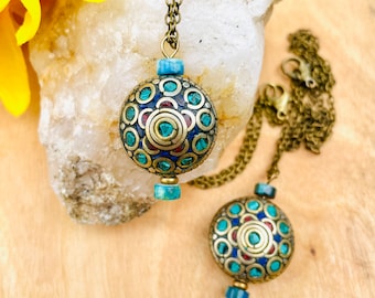 Ethnic Nepal Pendant Necklace, Tibetan Pendant Necklace, Tibetan Inlaid Bead Necklace, Inlaid Turquoise Lapis, Inlaid Bead Necklace, Nepal