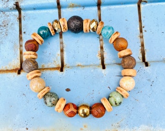 Coconut & Mixed Gemstone Bracelet: Boho Beachy Bead Bracelet. Size Xtra Small/7"