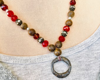 Red Czech and Bronzite Bead Necklace with Rustic Infinity Circle, Boho Rustic Earthy Elegance Gift For Women Earthy Casual Chic Cool Edgy