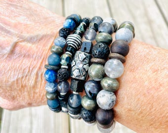 ブレスレット LABEL K ELASTIC BRACELET WITH BLOCK (BR-BLOCK_MULTIMYTRIBE) Multi Bead Bracelet With Black Sandalwood, Grey Quartz