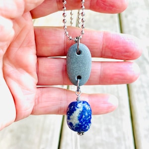 Lapis Lazuli Nugget Necklace: Beach Stone, Silver Ball Chain
