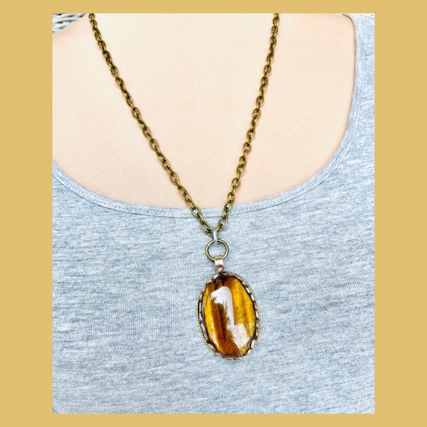 Tigers Eye Pendant Necklace, Handcrafted Nepalese, Tibetan Silver Repousse and Tigers Eye, Tigers Eye Gemstone Pendant Necklace, Tigers Eye