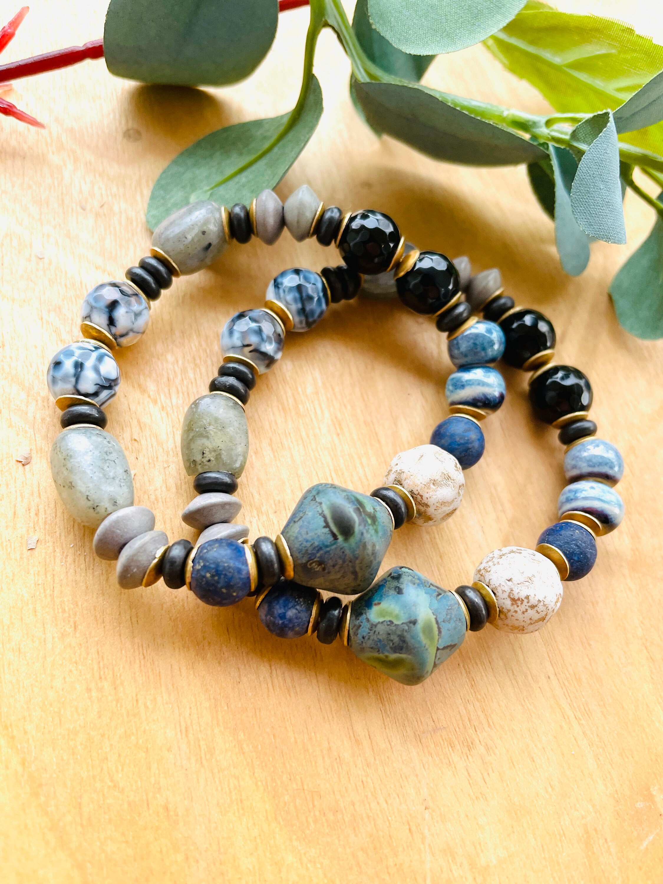 Mostly Blues Chunky Mixed Bead Bracelet, Beaded Stretch