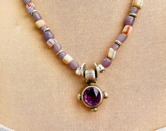 Amethyst Silver Pendant with Indonesian Glass and Silver Beads, Boho Chic, Casual Glam, Amethyst Jewelry, Purple Bead Necklace
