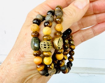 Tigers Eye Gemstone Bead Bracelet with Bronzite, Sandalwood and Brass or Pyrite Focal, OOAK, Handmade, Stretch, Boho Chic, Earthy, Boho