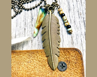 Feather Pendant Necklace, Brass Feather Bead Necklace, Long Feather Pendant Necklace, Brass Feather Necklace with Dangles