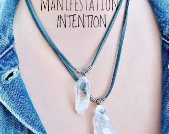 Raw Quartz Crystal Necklace: Handmade Hematite Bail, Faux Suede Cord