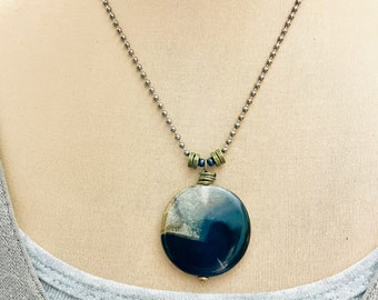 Black Sardonyx Coin Agate on Silver Ball Chain, Black Agate, Sardonyx, Stunning Black Agate, Boho Vibe, Earthy Natural, Casual Glam