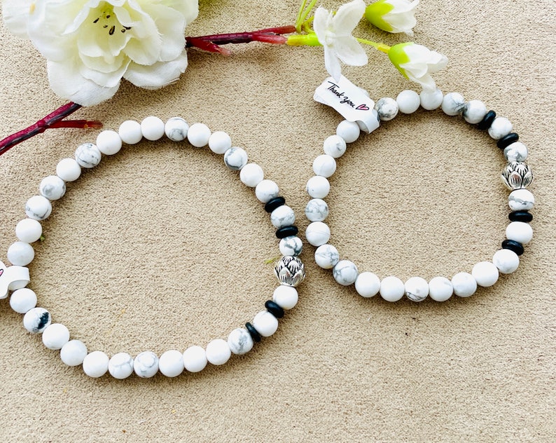 White Howlite with Lotus Flower Bead Bracelet, Gift, Gift For Her, Symbolic, Chic Stone, Gemstone, Earthy Elegance, Boho, Casual Chic image 1