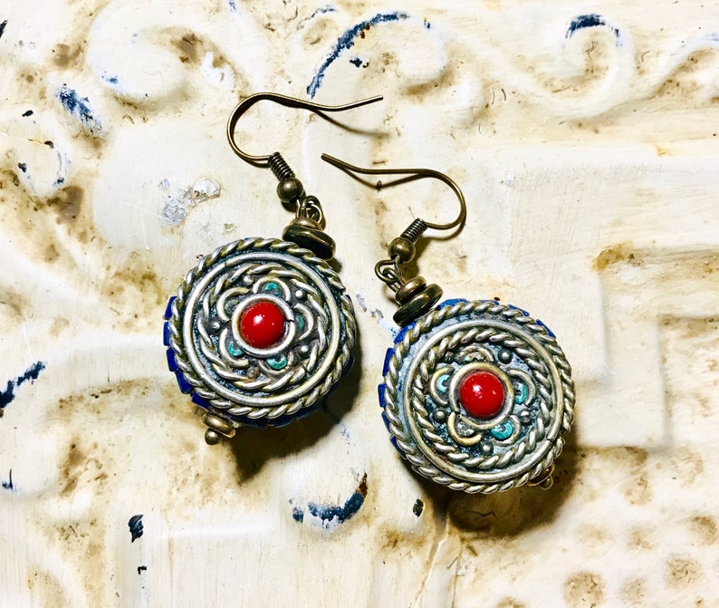 Tibetan Bead Earrings Tibetan Inlaid Bead Earrings Ethnic Nepal Earrings Inlaid Beaded Jewelry Nepal Style Earrings