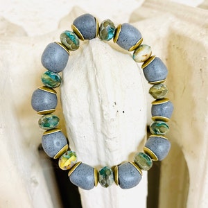 Handmade Gray & Green Czech Glass Bracelet with Brass