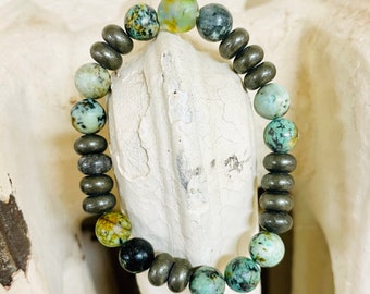 African Turquoise Pyrite Stretch Bracelet, OOAK, Handmade, Earthy Casual, Rustic, Valentines Gift, Gift for her, Gift for Wife, Valentines
