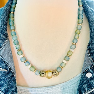 African Recycled Glass Bead Necklace: Ghana Brass Faux Suede