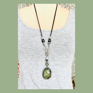 Labradorite Pendant Necklace: Black Opal, Jet Beads, Silver Chain