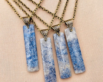 Blue Dumortierite Rectangle Pendant Necklace: Brass Chain